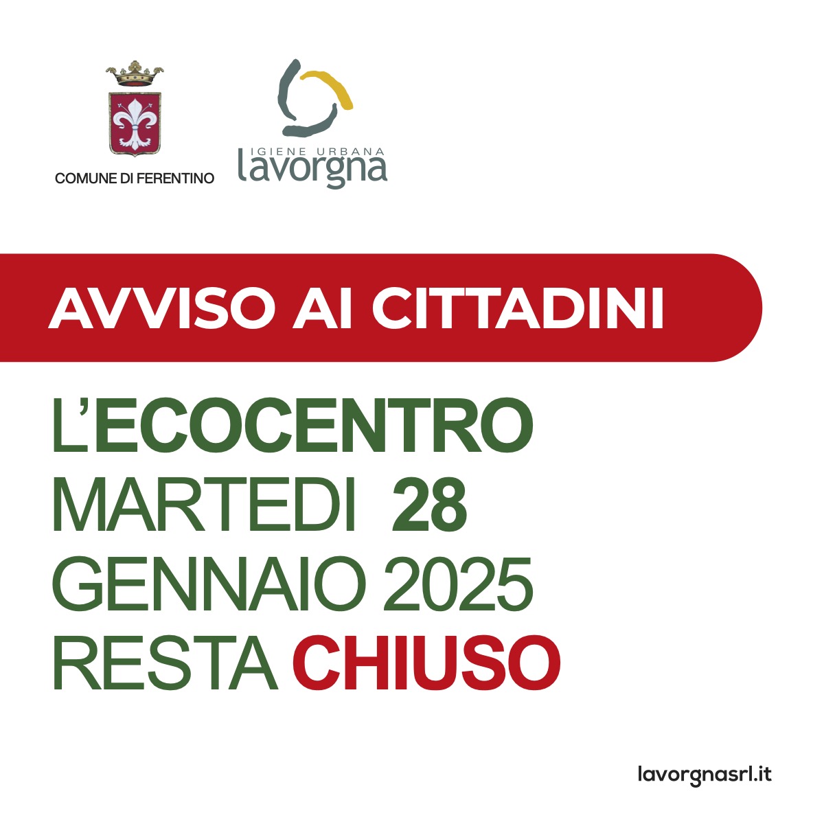 Avviso chiusura ecocentro il 28 gennaio 2025