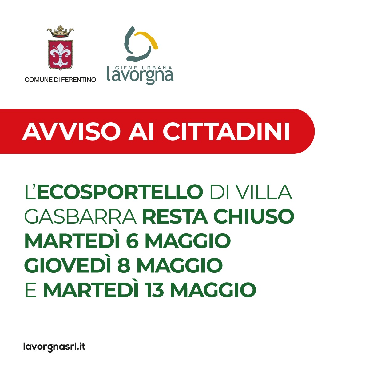Avviso chiusura ecosportello il 6, l’8 e il 13 maggio maggio 2025