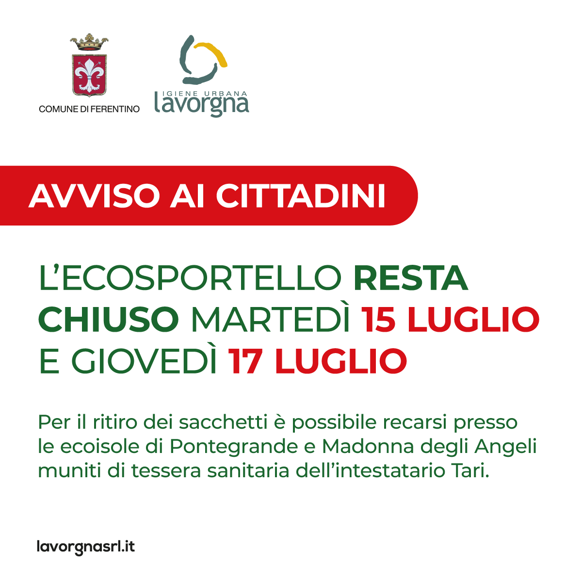 [AVVISO] Chiusura ecosportello il 15 e il 17 luglio 2025