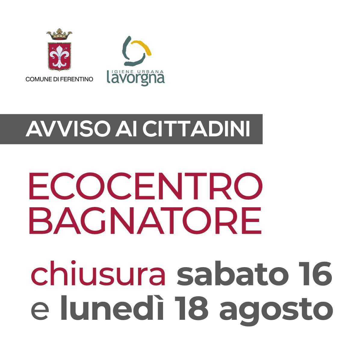 Chiusura ecocentro Bagnatore sabato 16 e lunedì 18 agosto 2025