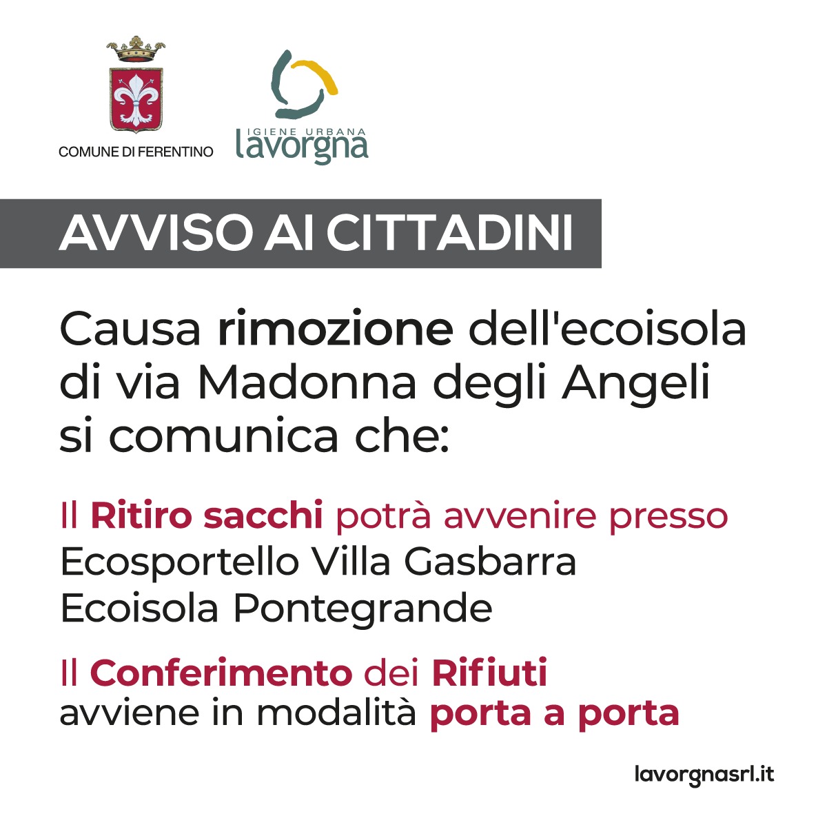 Avviso per il ritiro dei sacchi