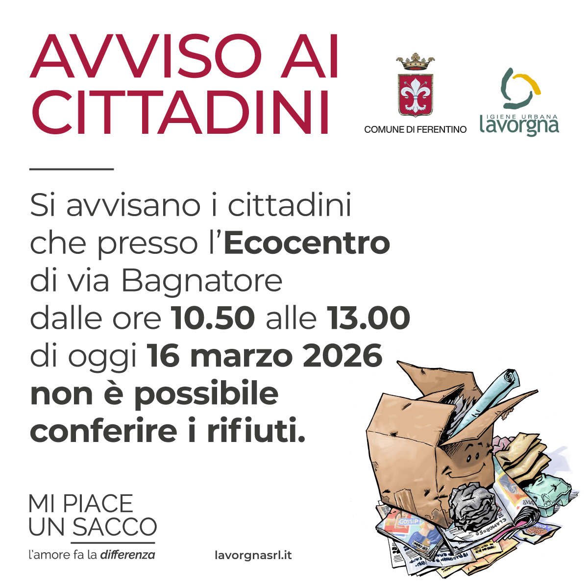 Avviso chiusura mattutina ecocentro di via Bagnatore